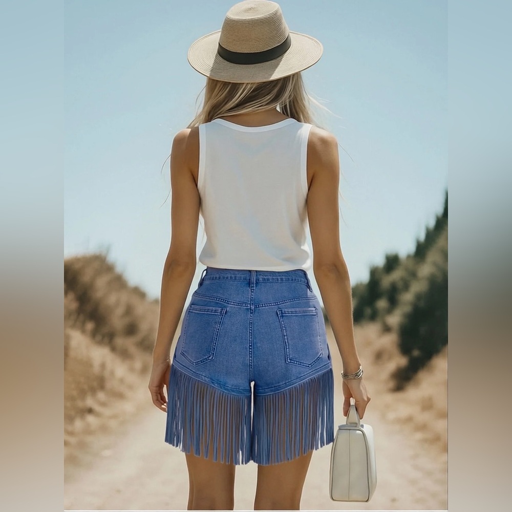 Oyrosy Vintage Washed Raw Edge Tassel Light Blue Denim Culottes NWT - Picture 3 of 15